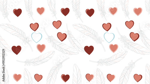 Romantic seamless pattern featuring delicate white feathers and various red and pink hearts on a plain background.