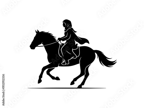 A black silhouette of a woman wearing a hijab and modest clothing while riding a galloping horse. Perfect for themes of diversity, female empowerment, and equestrian sports.