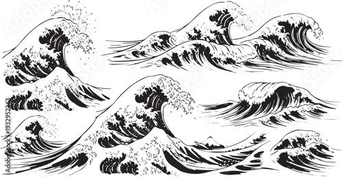 Classic Japanese Ukiyo-e Ocean Waves with Mount Fuji Vector Art - Iconic Asian Seascape for Traditional Designs