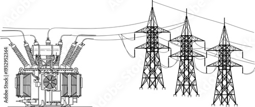 High Voltage Power Transmission Lines and Electrical Transformer Station Line Art Illustration Representing Energy Infrastructure, Electricity Distribution Network and Industrial 