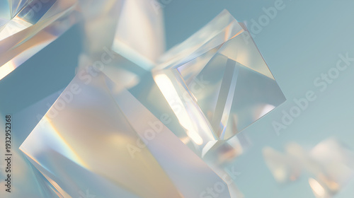 Transparent Crystal Shards Floating in 3D Space. Subtle Light Refraction. Minimal Corporate Background.