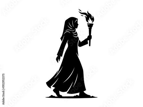 Black and white vector illustration of a woman wearing a headscarf and abaya carrying a lit torch, symbolizing leadership, enlightenment, and empowerment in Islamic culture.
