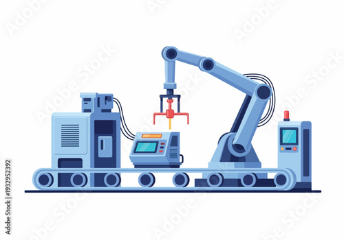 Automated industrial robotic arm and conveyor belt system in a factory setting, representing modern manufacturing and production processes