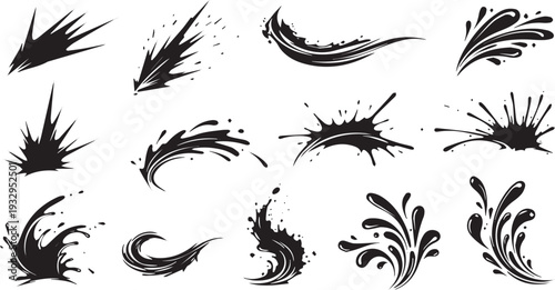 Dynamic collection of black ink splashes, liquid splatters, and abstract burst elements, perfect for graphic design, grunge textures, or expressive art backgrounds.