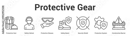 Protective Gear web banner icon set vector illustration concept for business with icon of Protective Vest, Safety Helmet, Protective Glasses, Safety Boots, Security Shield, Protection Syst.