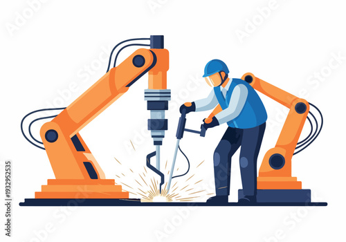 Industrial automation with a worker operating a jackhammer aided by robotic arms in a modern manufacturing facility