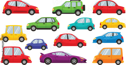 Flat Vector Transportation Icon Set Featuring Modern Sedan, SUV, Sports Car, Taxi, Limousine, Delivery Van, Tow Truck, and Colorful Hatchbacks for Automotive and City Logistics Designs