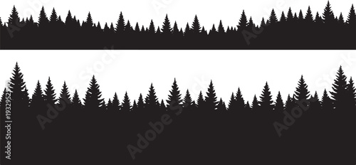 Seamless pattern of dense forest tree line silhouettes, creating a natural and serene background perfect for outdoor themes, nature designs, or wildlife illustrations.