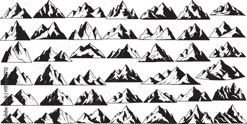 Diverse Mountain Peaks Silhouettes Collection: Hand-Drawn Vector Set of Various Alpine Landscapes and Outdoor Adventure Icons for Nature Designs
