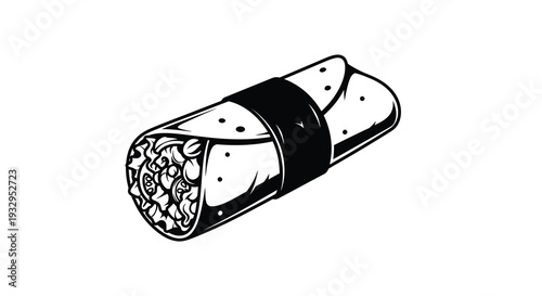 A detailed illustration of a black and white burrito showcasing its layered fillings and wrapped form silhouette high quality