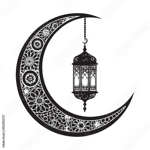 Islamic Crescent Moon and Hanging Lantern Silhouette Vector Illustration