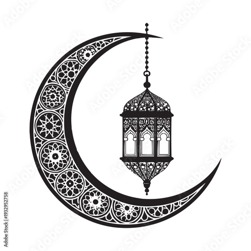 Islamic Crescent Moon and Hanging Lantern Silhouette Vector Illustration