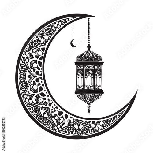 Islamic Crescent Moon and Hanging Lantern Silhouette Vector Illustration