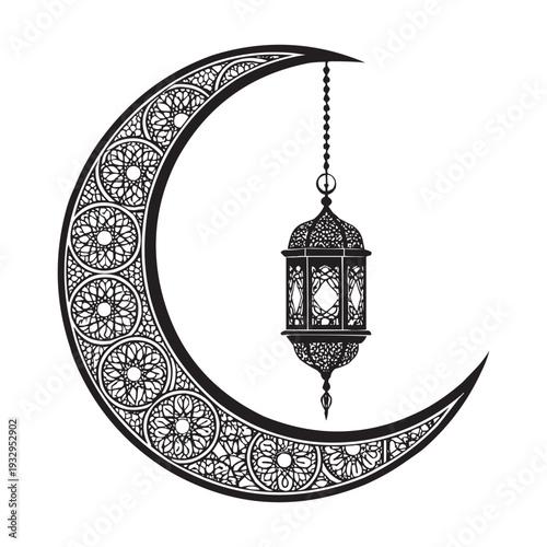 Islamic Crescent Moon and Hanging Lantern Silhouette Vector Illustration