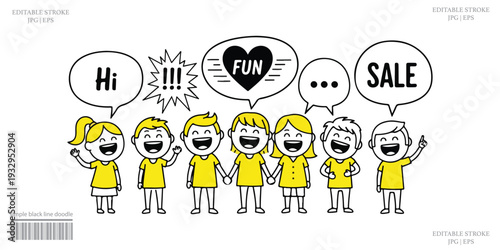 Group of happy children illustration with speech bubbles and sale message in yellow and black doodle style.