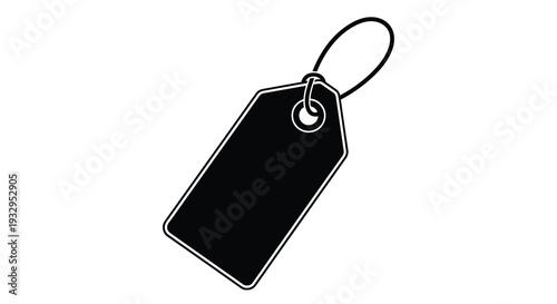 A simple black tag with a circular hole and looped string presented as a striking silhouette high quality professional