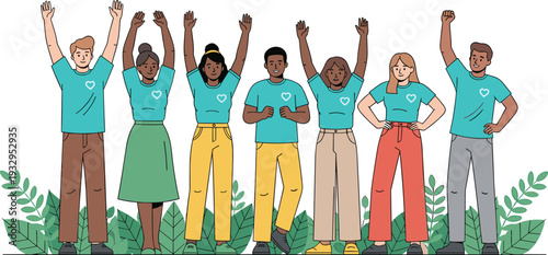 Diverse people raising hands together vector illustration unity teamwork community support multicultural group concept