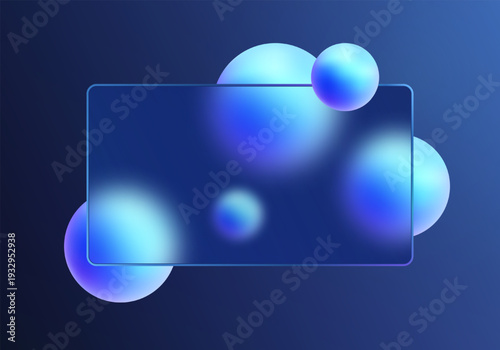 Glass morphism style banner with a translucent rectangular panel and vibrant blue-violet gradient spheres on a dark background.