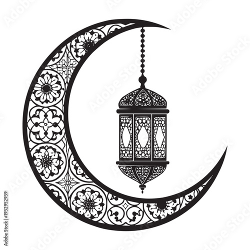 Islamic Crescent Moon and Hanging Lantern Silhouette Vector Illustration