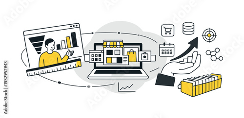 Modern minimal flat vector conceptual collage, crisp hard edges, consistent THIN outline stroke, rounded corners where needed,