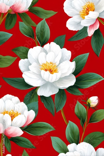 White peonies blooming seamless floral pattern on red