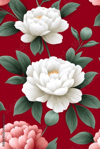 White peonies blooming on a vibrant red background pattern