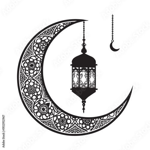 Islamic Crescent Moon and Hanging Lantern Silhouette Vector Illustration
