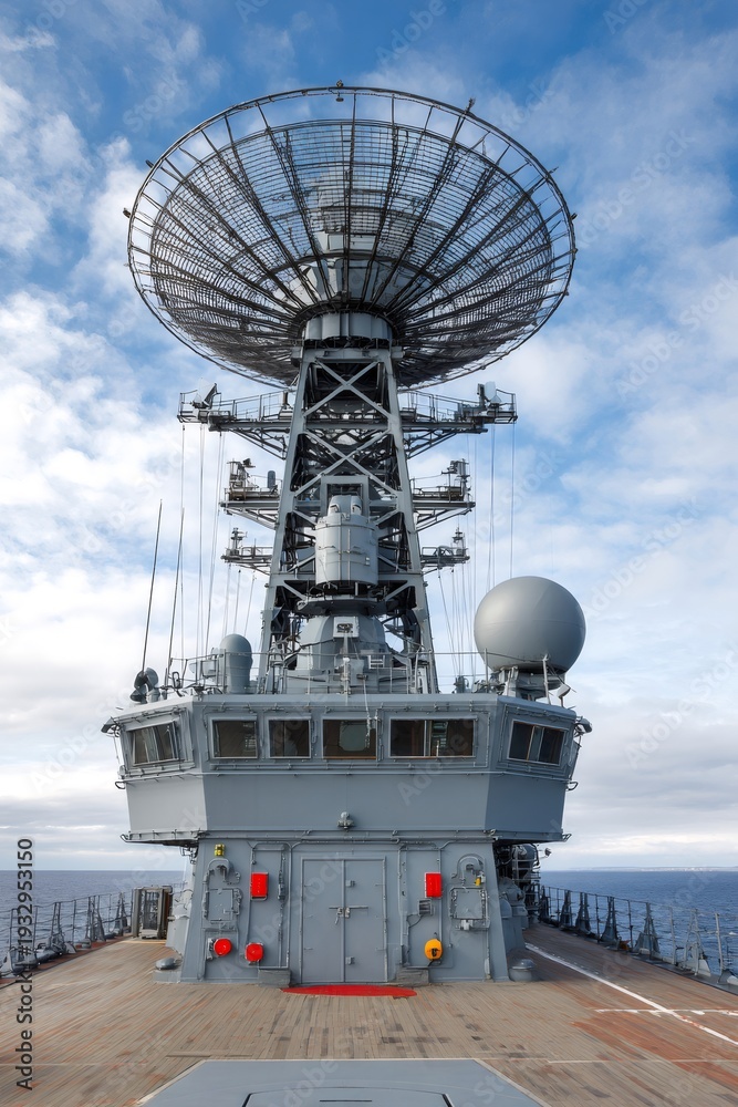 Fototapeta premium Naval vessel featuring large radar dish and communication systems