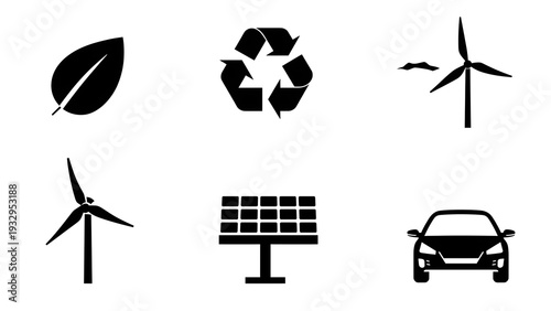 Sustainable energy icon set featuring solar panels wind turbines electric cars and recycling symbols