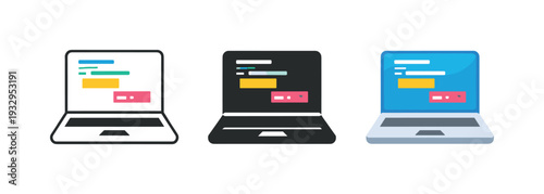 Software development context depicted as a laptop computer with open screen displaying abstract code blocks, front-facing and
