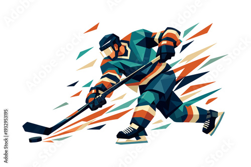 Low-poly vector illustration of a hockey player initiating the slapshot, explosive rotational motion with elongated angular arms