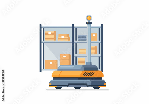 Automated warehouse robot and shelving unit with boxes for inventory management and logistics solutions