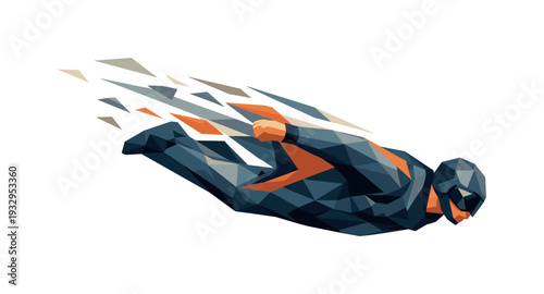 Low-poly vector illustration of a wingsuit flyer diving into a fast glide, single human figure with sharply faceted anatomy and