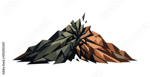 Low-poly vector illustration of a mountain ridge silhouette under peak tension, ridge geometry compressed into dense angular