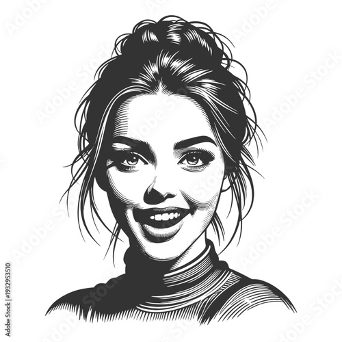 smiling young woman with bright eyes and natural look sketch engraving generative ai fictional character vector illustration. Scratch board imitation. Black and white image.