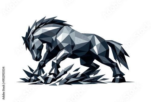 Low-poly vector illustration of a horse coiling energy before a gallop charge, tense angular stance with forelegs grounded and