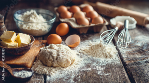 A wooden table with baking ingredients including eggs and flour
