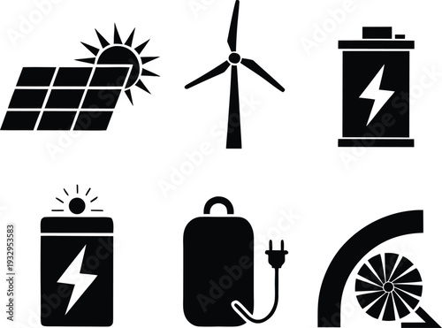 Black and white of solar panels wind turbine battery and power sources 1