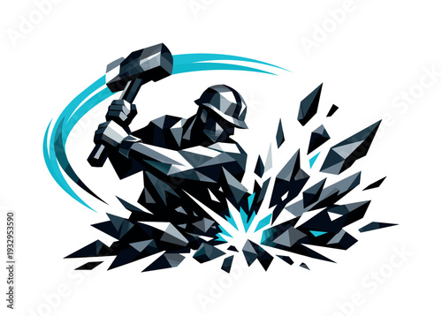 Low-poly vector illustration of a builder breaking through with a decisive hammer strike, tool completing a powerful arc that