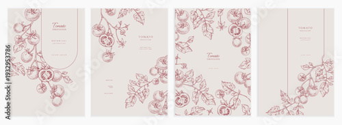 Set of card with tomatoes brunch and leaves. Detailed hand drawn ink illustration for template layout design, brochure or cover for food card