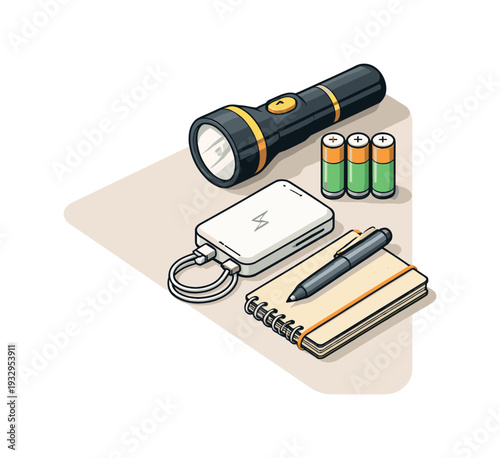 Refined contemporary power outage preparation concept with essential flashlight batteries portable charger and notebook subtly