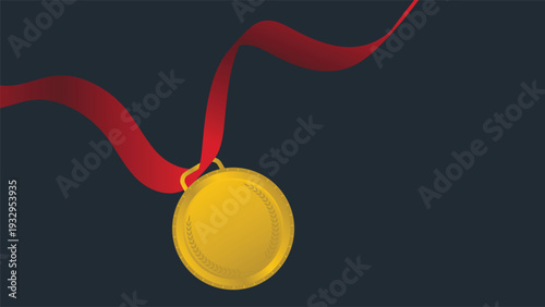 Gold medal with red ribbon on dark background ideal for sports awards success and celebration