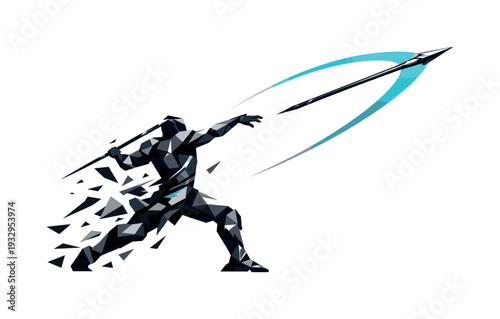 Low-poly vector illustration of a warrior breaking through with a decisive spear release, spear fully airborne cutting a bold