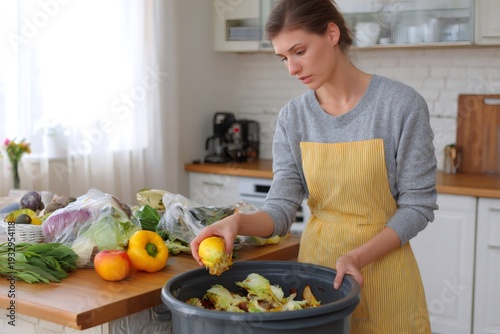 Woman separating organic food waste for composting in kitchen