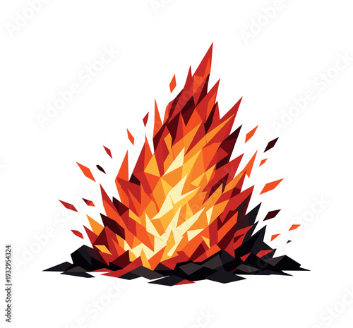 Low-poly vector illustration of a wildfire flame surge as a direct hero depiction, towering flame mass constructed from sharp