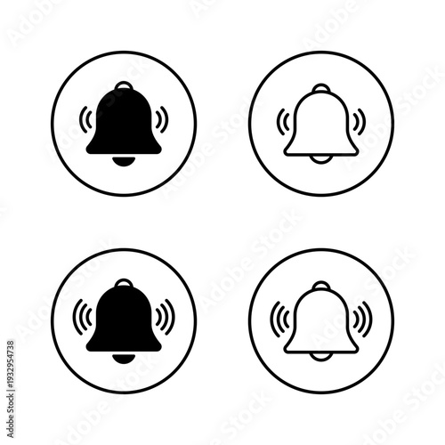 Notification bell icon set in circular outline. Alert and reminder symbol