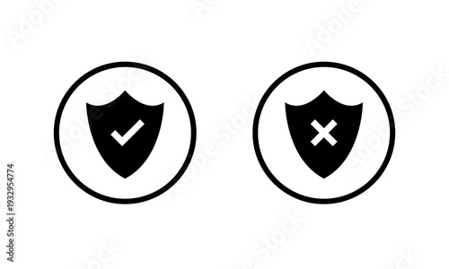 Shield with check and cross icon in circular outline. Protection and threat symbol. Safe and unsafe sign