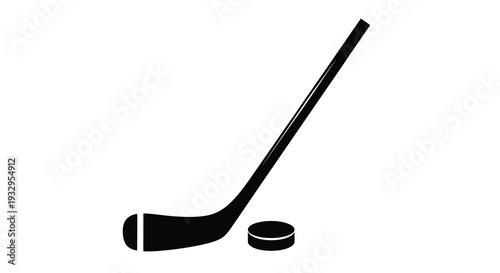 A stark black silhouette of a hockey stick and puck against a plain white background emphasizing sports equipment silhouette