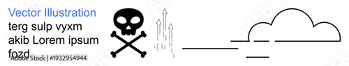 Danger, risk, warning, environmental hazards, destruction, safety awareness. A skull and crossbones with arrows and minimal cloud symbols. Danger and risk concept with safety awareness visuals