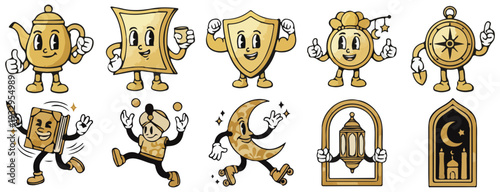 Vintage Cartoon Gold Object Mascots Set